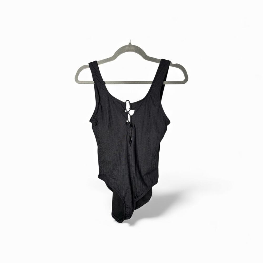 Kona Sol Black Ribbed Cut Out One Piece Swimsuit Small